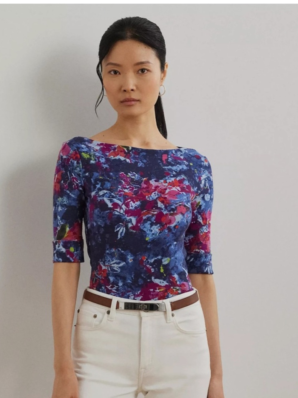 Lauren Ralph Lauren Navy Floral Boatneck Elbow-Sleeve Tee